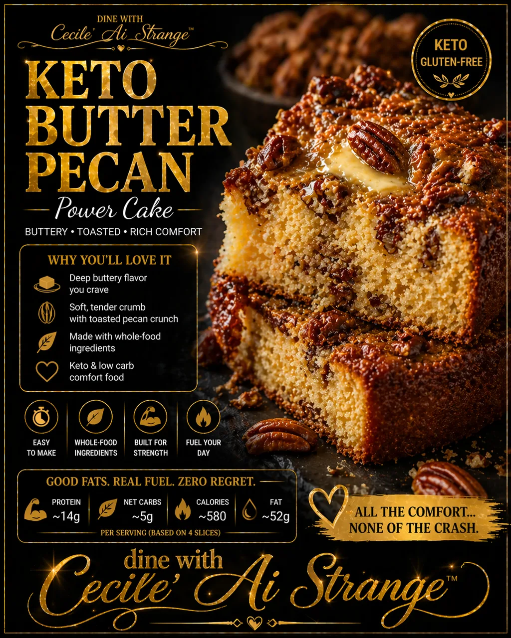 Keto Butter Pecan Power Cake Desire Card, a buttery keto comfort cake with soft tender crumb and toasted pecan crunch, gluten free