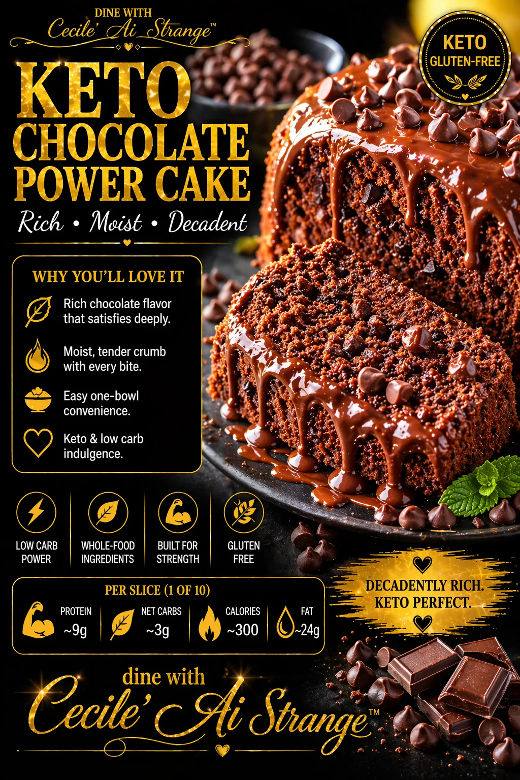 Keto Chocolate Power Cake Desire Card, a rich moist decadent chocolate cake made keto with one-bowl convenience, gluten free