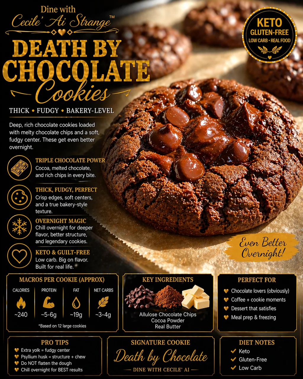 Death By Chocolate Cookies Desire Card, deep dark fudgy keto chocolate cookies with soft centers, gluten free and whole food