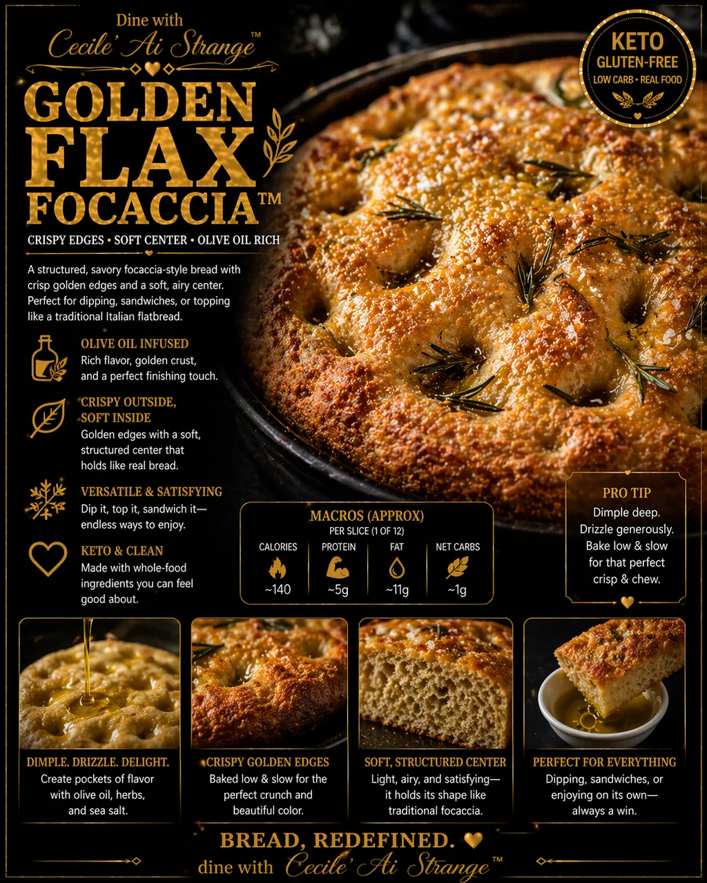 Flax Focaccia Desire Card, a golden herby olive oil keto focaccia flatbread with crisp edges and soft airy center, gluten free