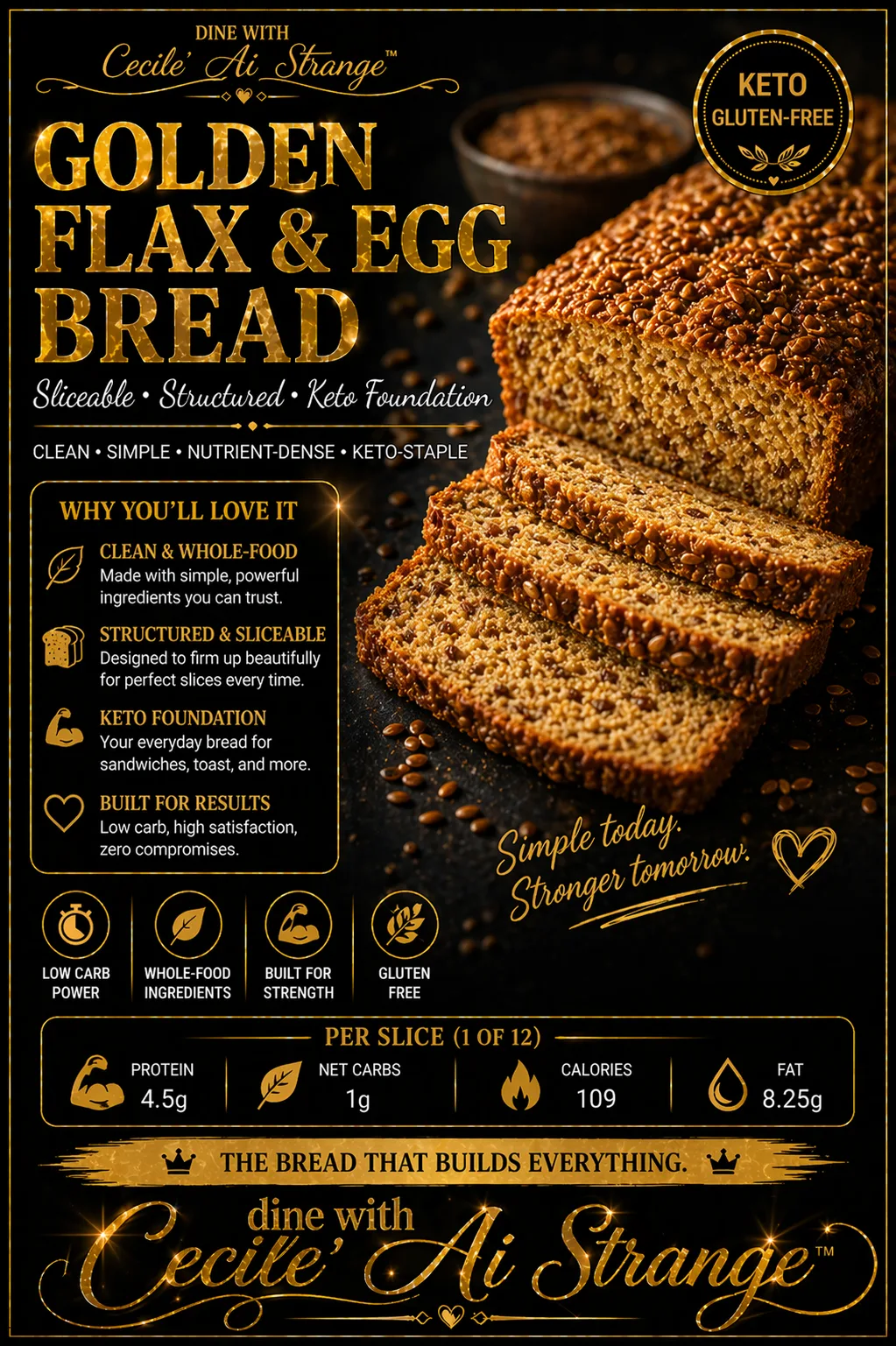 Golden Flax and Egg Bread Desire Card, a sliceable structured whole-food keto bread for sandwiches and toast, gluten free with about 1 gram net carbs per slice