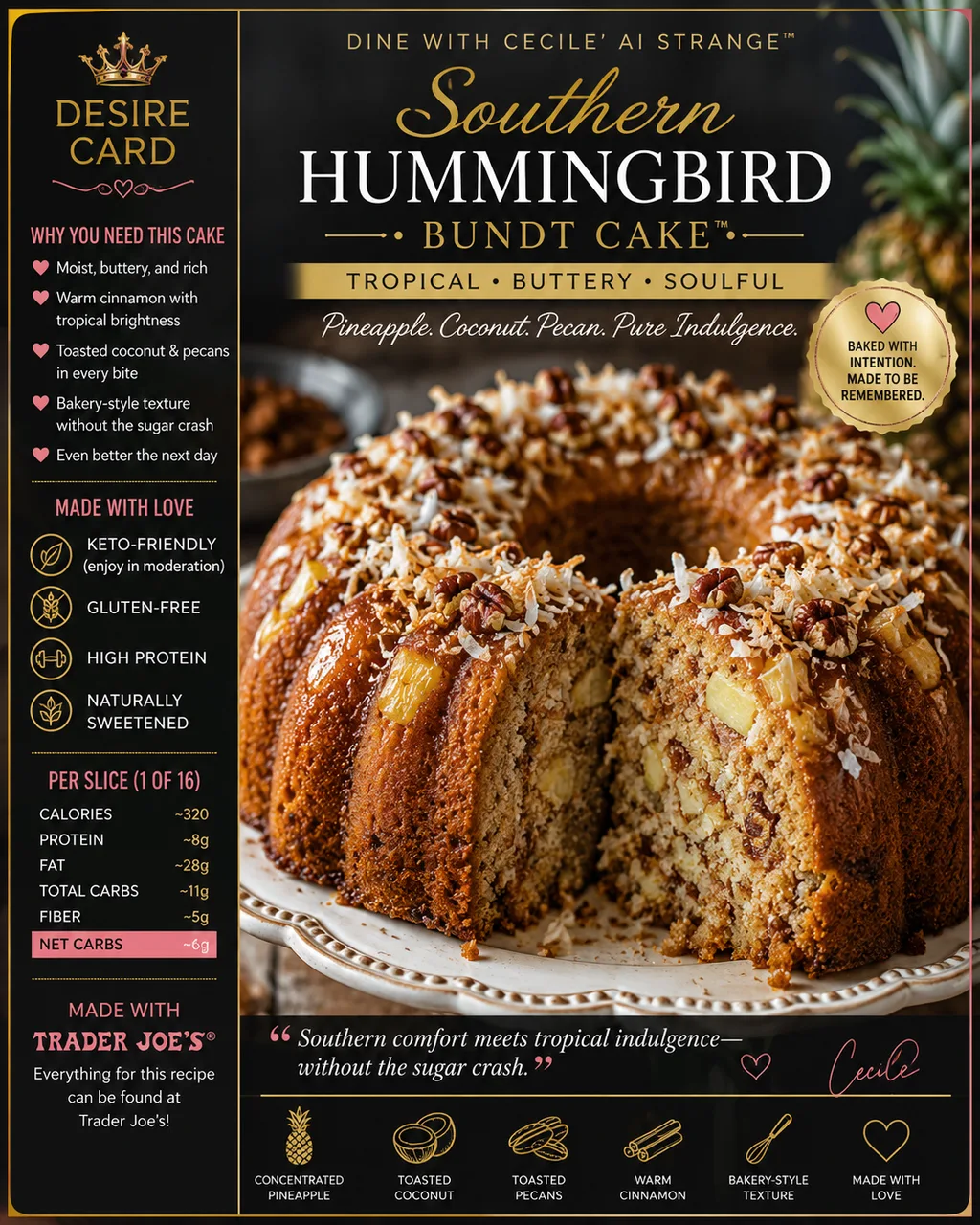 Southern Hummingbird Bundt Cake Desire Card, a tropical keto bundt cake with pineapple coconut and pecan flavors, gluten free