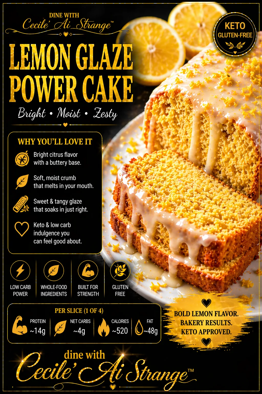 Lemon Glaze Power Cake Desire Card, a bright citrus keto loaf cake with tender crumb and sweet tangy glaze, gluten free