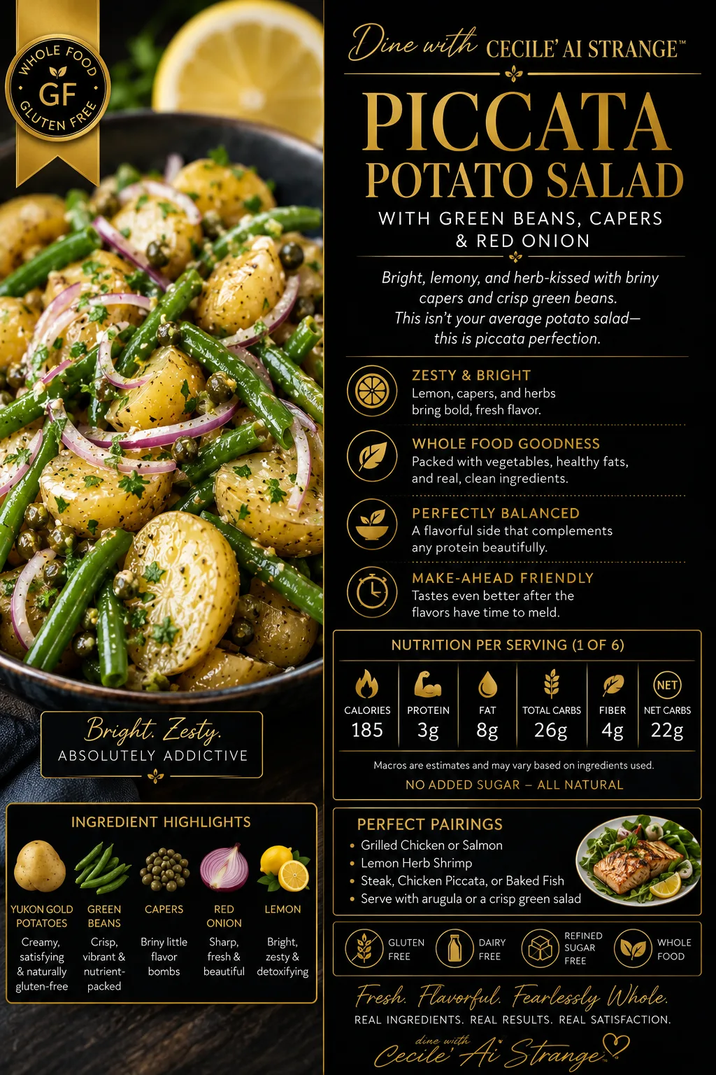 Piccata Potato Salad Desire Card, a creamy keto-friendly salad with bright lemon and caper piccata flavors, whole food side dish