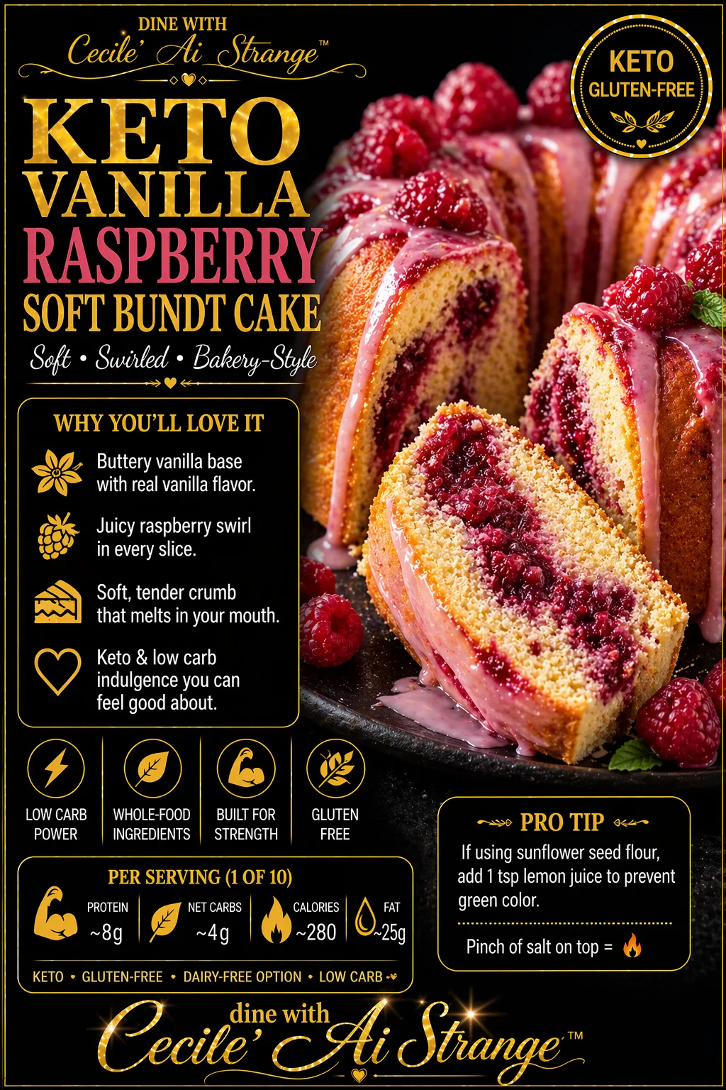 Keto Vanilla Raspberry Soft Bundt Cake Desire Card, buttery vanilla bundt with juicy raspberry swirl and pink glaze, gluten free with about 4 grams net carbs per serving