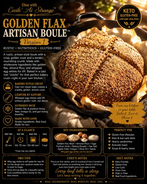 Artisan Golden Flax Bread Desire Card, a crusty artisan style keto flax loaf with tender nutrient-dense crumb, gluten free