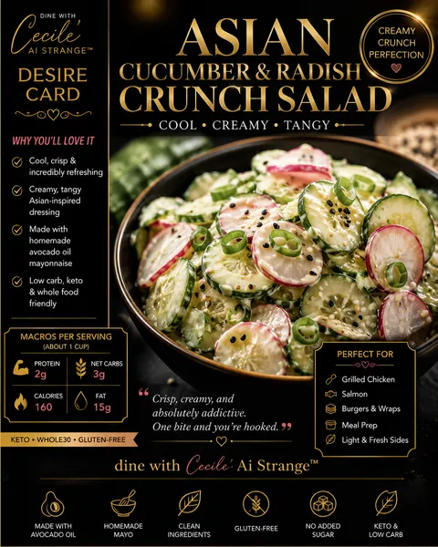 Asian Cucumber and Radish Crunch Salad Desire Card, a cool creamy tangy keto side salad with crisp vegetables and Asian-inspired dressing