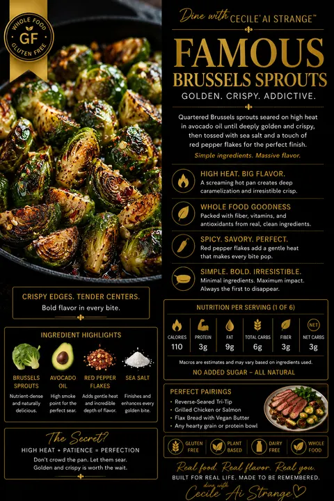 Crispy Brussels Sprouts Desire Card, deeply savory keto Brussels sprouts with crispy edges and tender centers, whole food side dish