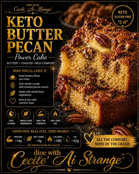 Keto Butter Pecan Power Cake Desire Card, a buttery keto comfort cake with soft tender crumb and toasted pecan crunch, gluten free