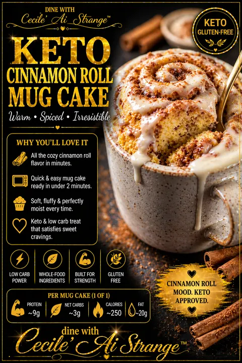 Cinnamon Roll Mug Cake Desire Card, a single-serve keto mug cake with cinnamon swirls ready in minutes, gluten free
