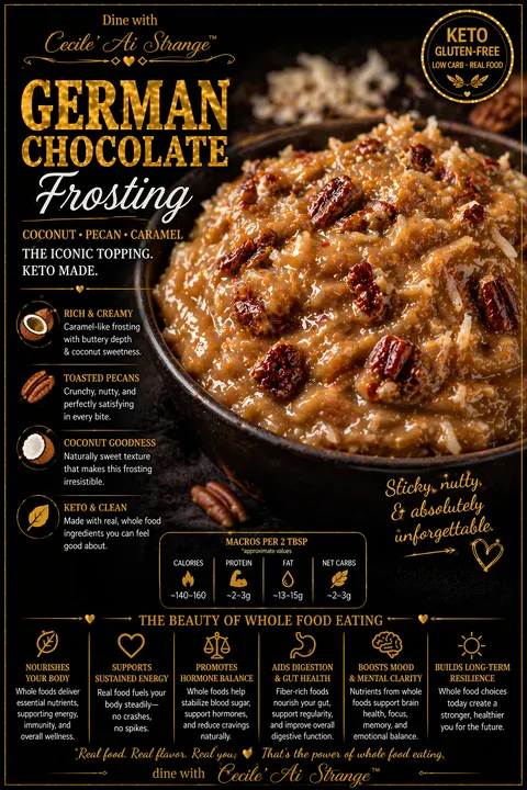 Coconut Pecan Frosting Desire Card, a sticky nutty keto coconut pecan frosting with caramel-like richness, gluten free staple