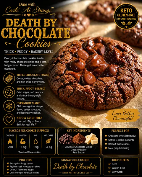 Death By Chocolate Cookies Desire Card, deep dark fudgy keto chocolate cookies with soft centers, gluten free and whole food