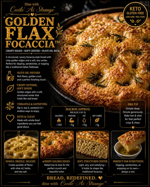 Flax Focaccia Desire Card, a golden herby olive oil keto focaccia flatbread with crisp edges and soft airy center, gluten free