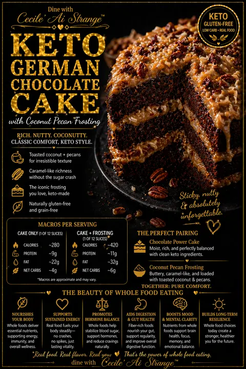 Keto German Chocolate Cake Desire Card, rich chocolate layers with sticky coconut pecan frosting made keto and gluten free