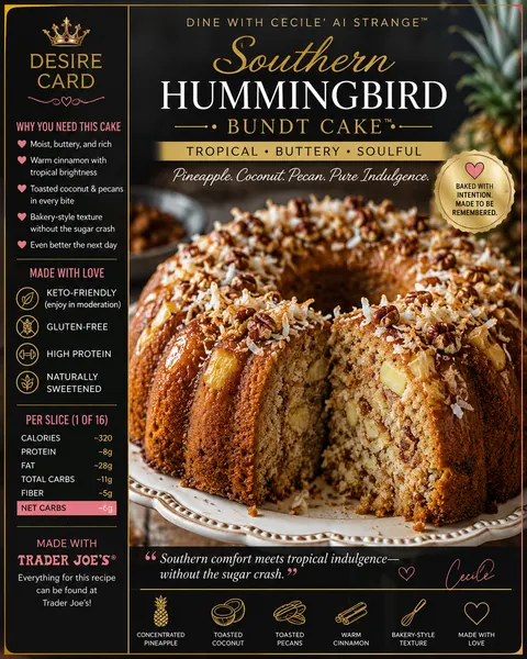 Southern Hummingbird Bundt Cake Desire Card, a tropical keto bundt cake with pineapple coconut and pecan flavors, gluten free