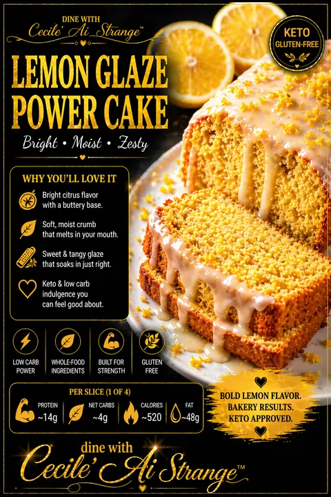 Lemon Glaze Power Cake Desire Card, a bright citrus keto loaf cake with tender crumb and sweet tangy glaze, gluten free