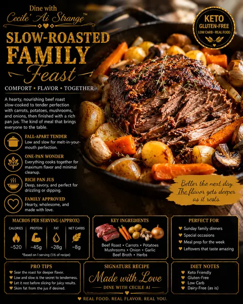 Slow-Roasted Family Feast Desire Card, a fall-apart tender one-pan beef roast dinner with vegetables and herbs, whole food and family style
