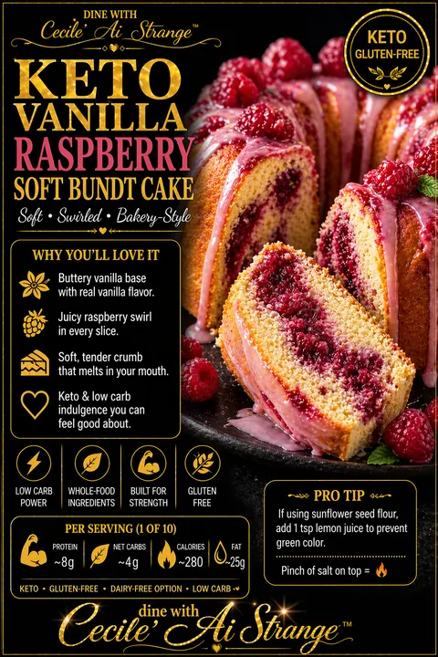 Keto Vanilla Raspberry Soft Bundt Cake Desire Card, buttery vanilla bundt with juicy raspberry swirl and pink glaze, gluten free with about 4 grams net carbs per serving